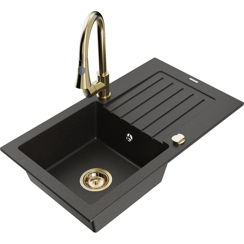 Mexen Pablo granitový dřez 1-komorový s odkapávačem a kuchyňskou baterií Elia, černý/zlatý metalik - 6510-75-670101-50