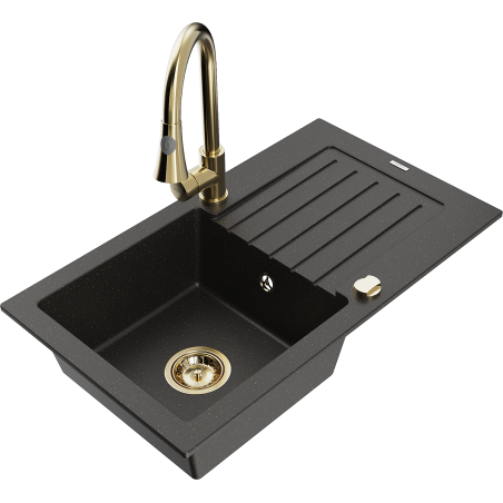 Mexen Pablo granitový dřez 1-komorový s odkapávačem a kuchyňskou baterií Elia, černý/zlatý metalik - 6510-75-670101-50