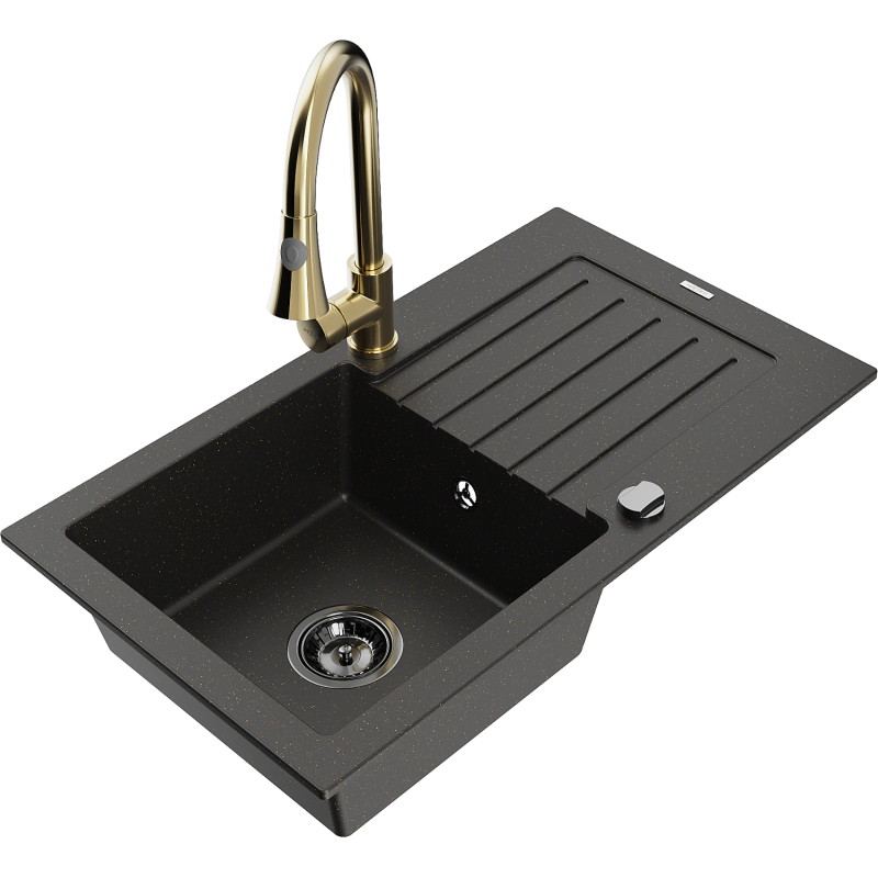 Mexen Pablo granitový dřez s 1 komorou s odkapávačem a kuchyňskou baterií Elia, černý/zlatý metalik