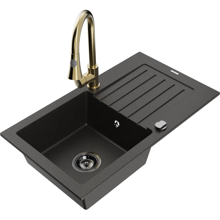 Mexen Pablo granitový dřez 1-komorový s odkapávačem a kuchyňská baterie Elia, černý/zlatý metalík - 6510-75-670101-50-B
