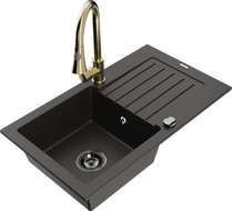 Mexen Pablo granitový dřez 1-komorový s odkapávačem a kuchyňská baterie Elia, černý/zlatý metalík - 6510-75-670101-50-B