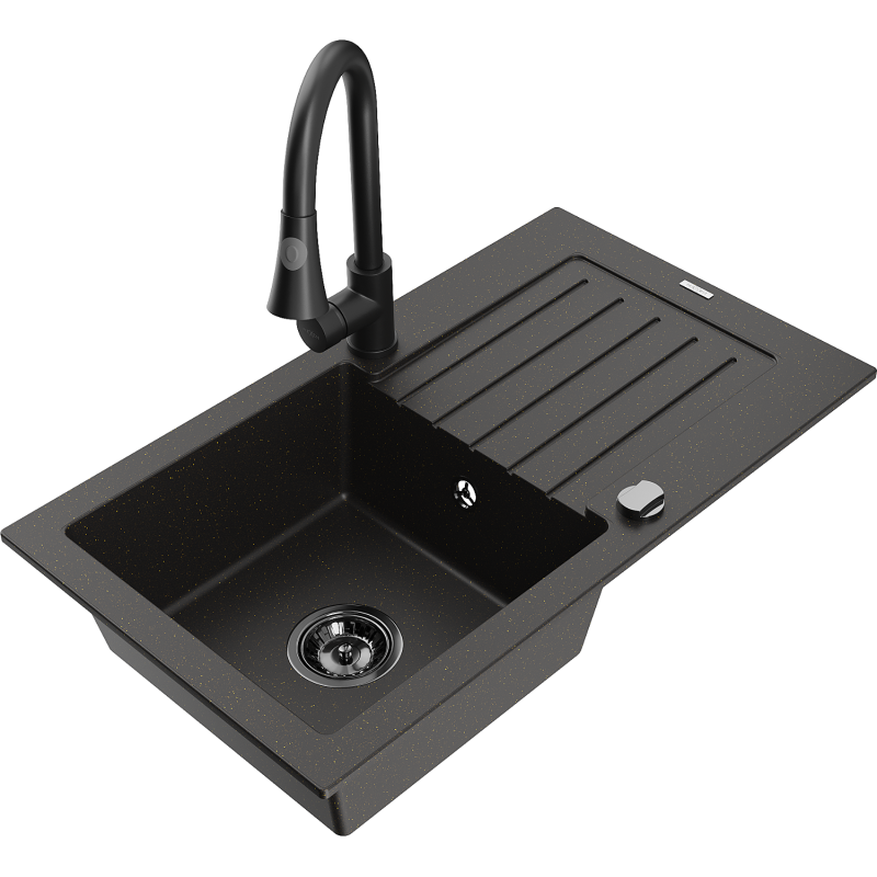 Mexen Pablo granitový dřez 1-komorový s odkapávačem a kuchyňskou baterií Elia, černý/zlatý metalik - 6510-75-670101-70-B