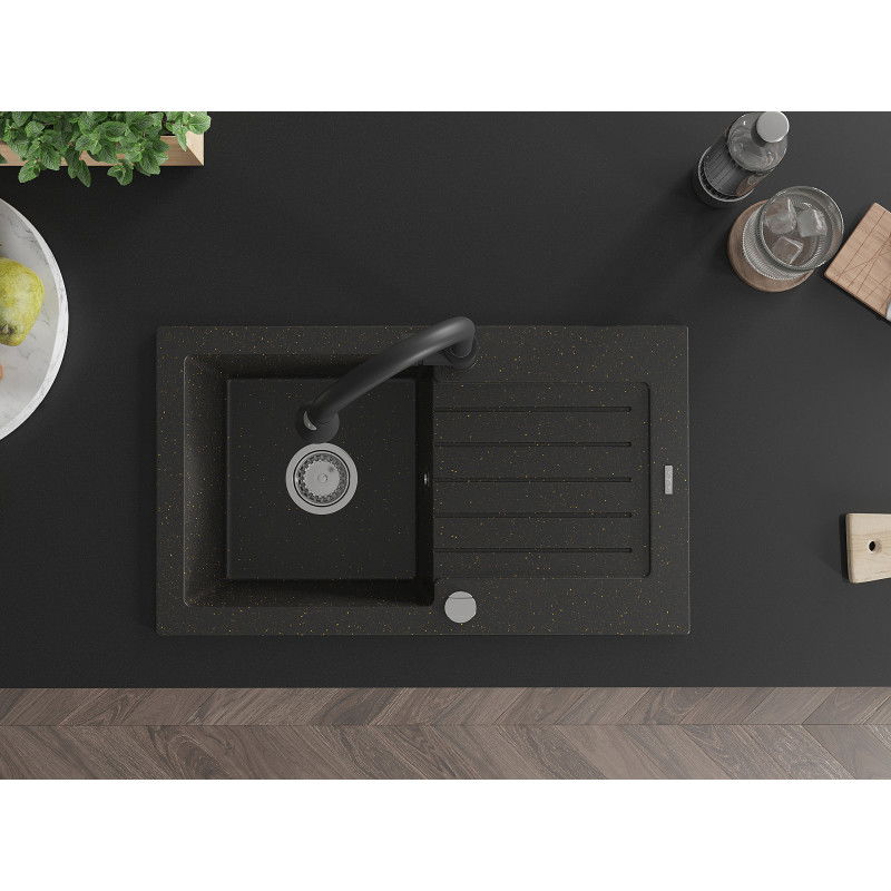 Mexen Pablo žulový dřez 1-komorový s odkapávačem a kuchyňskou baterií Elia, černý/zlatý metalík - 6510-75-670101-70