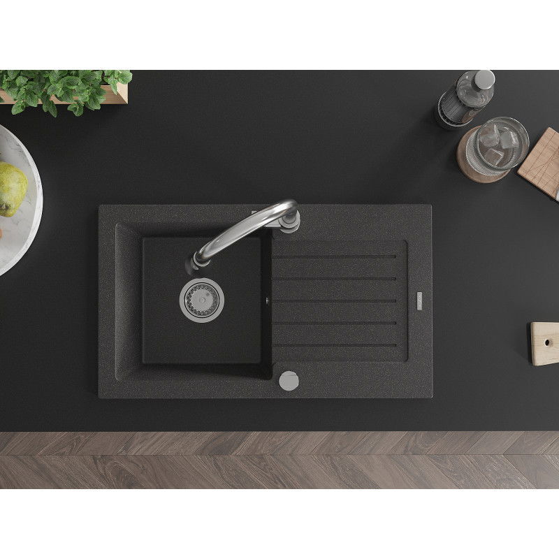 Mexen Pablo granitový dřez 1-komorový s odkapávačem a kuchyňskou baterií Elia, černý nakrapovaný - 6510-76-670101-00