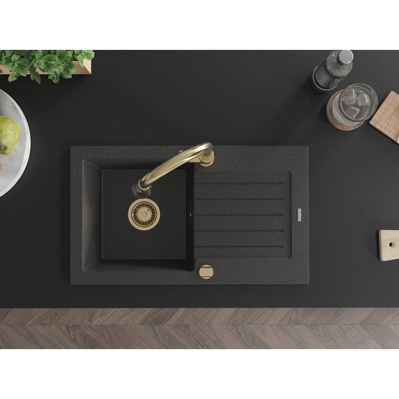 Mexen Pablo granitový dřez 1-komorový s odkapávačem a kuchyňskou baterií Elia, černý s tečkami - 6510-76-670101-50