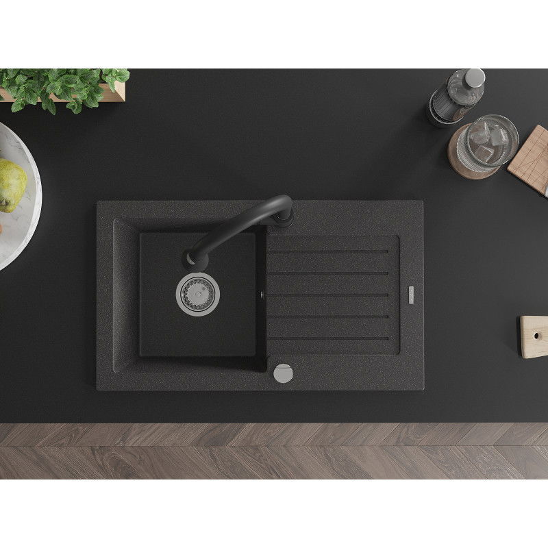 Mexen Pablo granitový dřez 1-komorový s odkapávačem a kuchyňskou baterií Elia, černý skvrnitý - 6510-76-670101-70