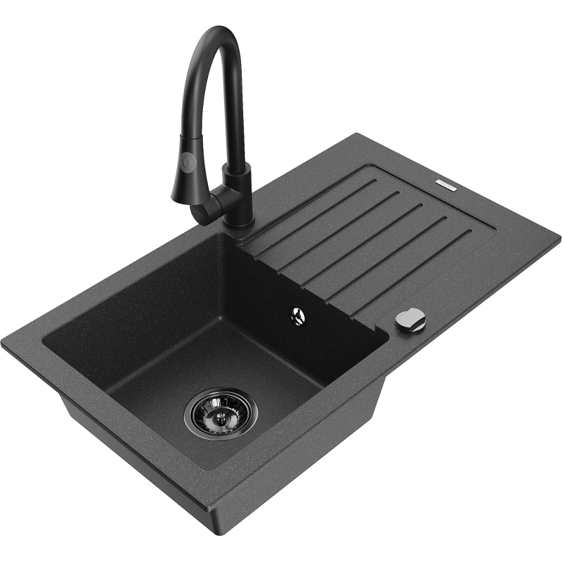 Mexen Pablo granitový dřez 1-komorový s odkapávačem a kuchyňskou baterií Elia, černý kropenatý - 6510-76-670101-70-B