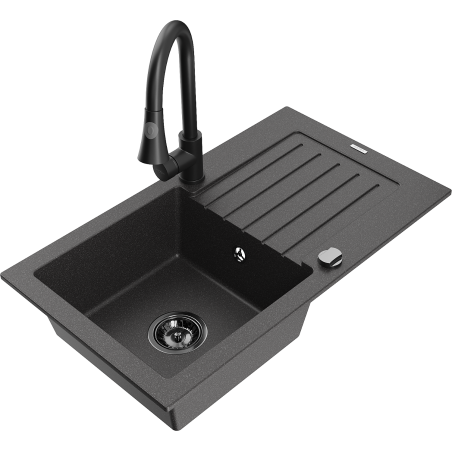 Mexen Pablo granitový dřez 1-komorový s odkapávačem a kuchyňskou baterií Elia, černý kropenatý - 6510-76-670101-70-B