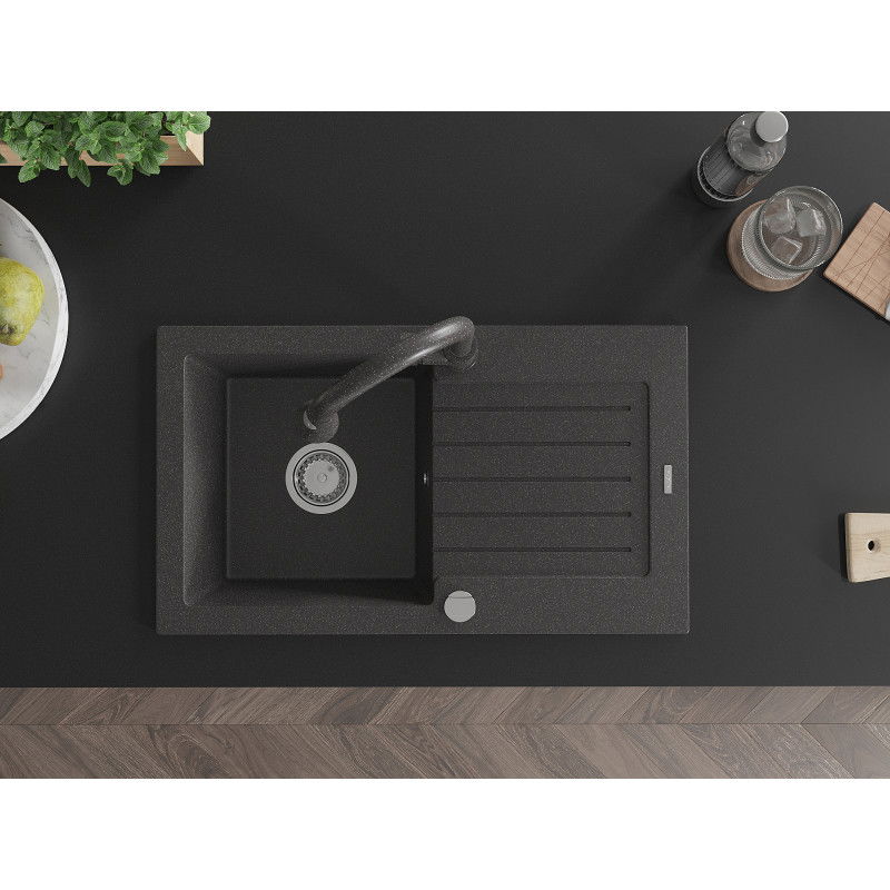 Mexen Pablo granitový dřez 1-komorový s odkapávačem a kuchyňskou baterií Elia, černý nakropený - 6510-76-670101-76