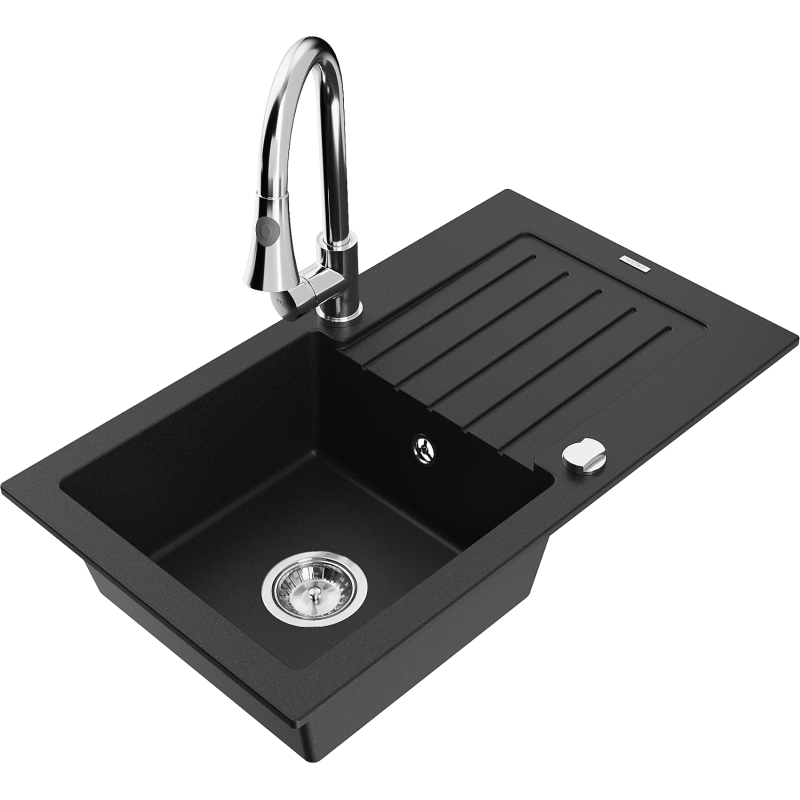 Mexen Pablo granitový dřez 1-komorový s odkapávačem a kuchyňskou baterií Elia, černý - 6510-77-670101-00
