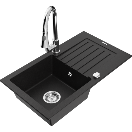 Mexen Pablo granitový dřez 1-komorový s odkapávačem a kuchyňskou baterií Elia, černý - 6510-77-670101-00