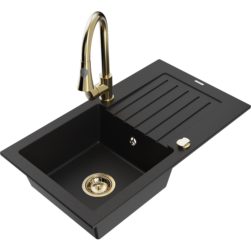 Mexen Pablo granitový dřez s 1 komorou a odkapávačem a kuchyňskou baterií Elia, černý - 6510-77-670101-50