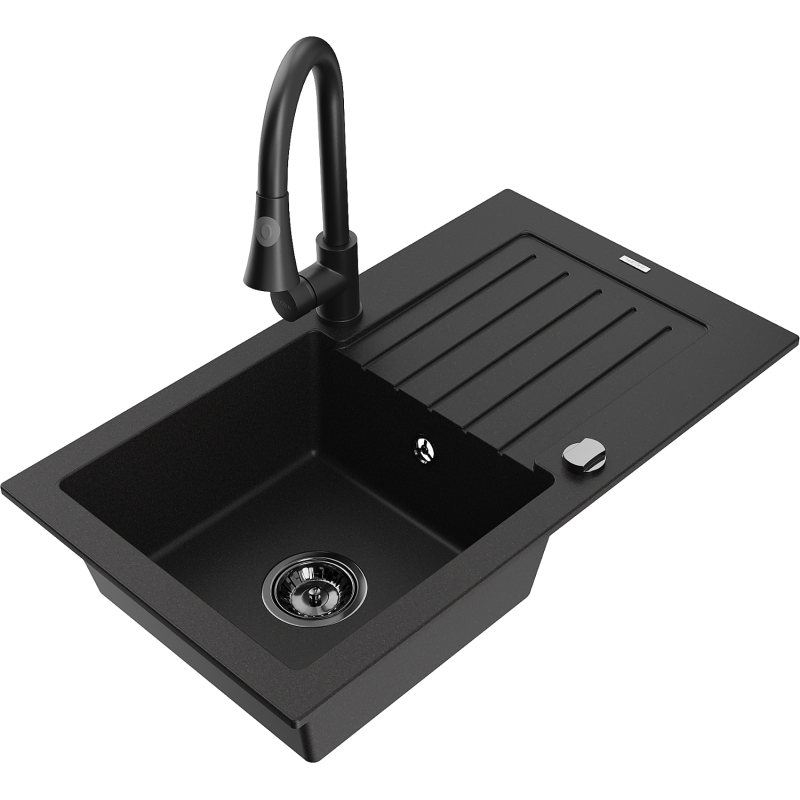 Mexen Pablo granitový dřez s odkapávačem a kuchyňskou baterií Elia, černý - 6510-77-670101-70-B