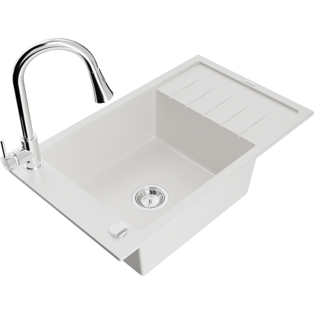 Mexen Elias granitový dřez s 1 komorou a odkapávačem a kuchyňskou baterií Elia, bílý - 6511-20-670101-00