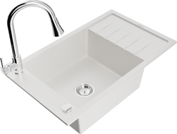 Mexen Elias granitový dřez s 1 komorou a odkapávačem a kuchyňskou baterií Elia, bílý - 6511-20-670101-00