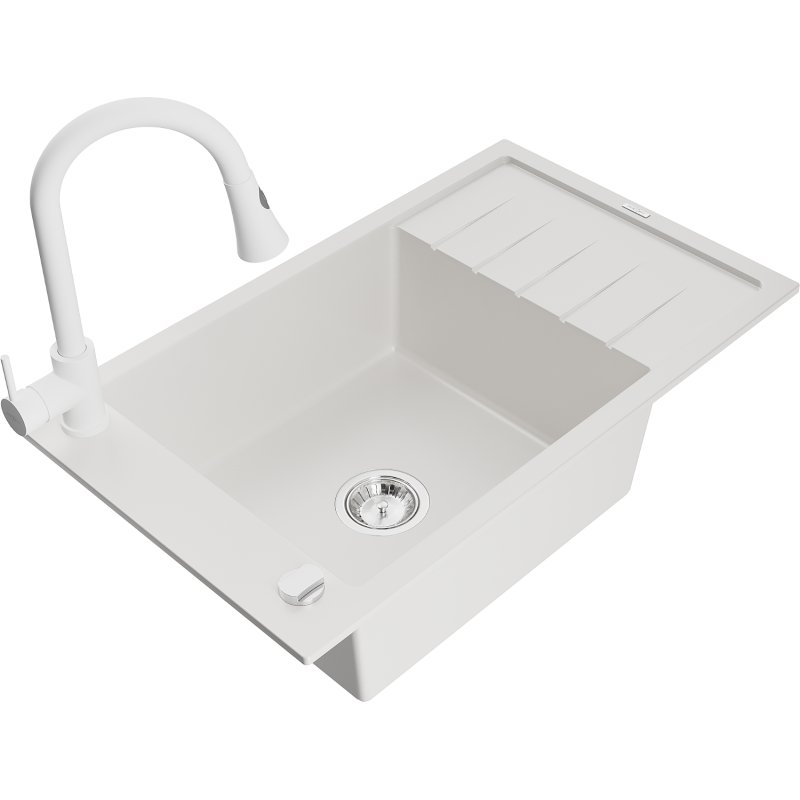 Mexen Elias granitový kuchyňský dřez s 1 komorou, odkapávačem a kuchyňskou baterií Elia, bílý - 6511-20-670101-20