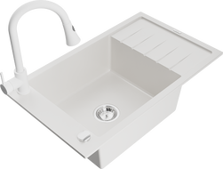 Mexen Elias granitový kuchyňský dřez s 1 komorou, odkapávačem a kuchyňskou baterií Elia, bílý - 6511-20-670101-20