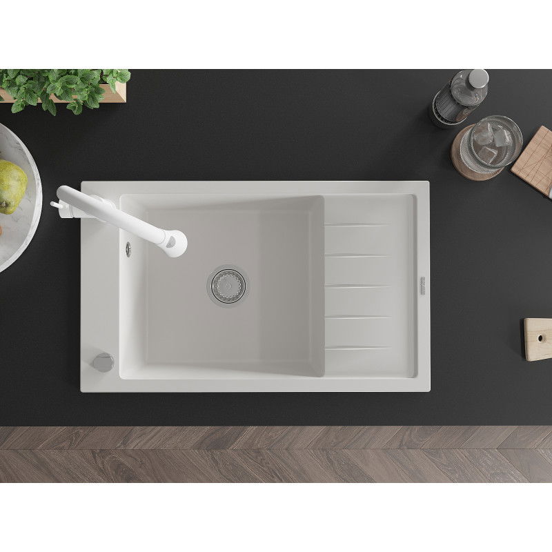 Mexen Elias granitový kuchyňský dřez s 1 komorou, odkapávačem a kuchyňskou baterií Elia, bílý - 6511-20-670101-20