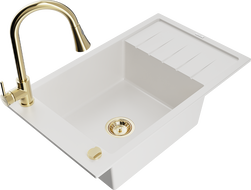 Mexen Elias granitový dřez 1-komorový s odkapávačem a kuchyňskou baterií Elia, bílý - 6511-20-670101-50