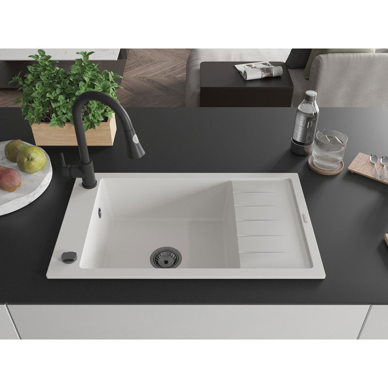 Mexen Elias granitový dřez 1-komorový s odkapávačem a kuchyňskou baterií Elia, bílý - 6511-20-670101-70