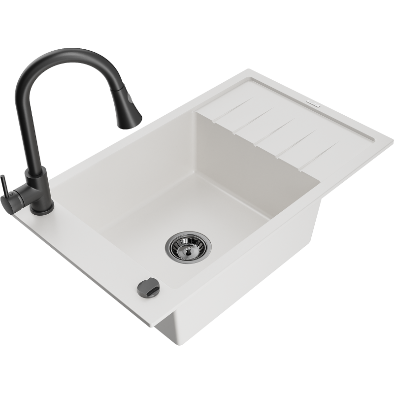 Mexen Elias granitový dřez 1-komorový s odkapávačem a kuchyňskou baterií Elia, bílý - 6511-20-670101-70