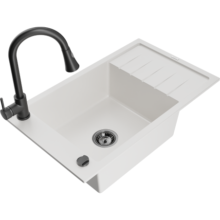 Mexen Elias granitový dřez 1-komorový s odkapávačem a kuchyňskou baterií Elia, bílý - 6511-20-670101-70