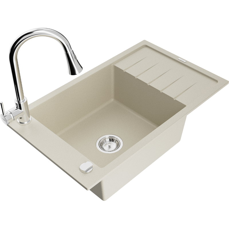 Mexen Elias granitový dřez 1-komorový s odkapávačem a kuchyňskou baterií Elia, béžový - 6511-69-670101-00