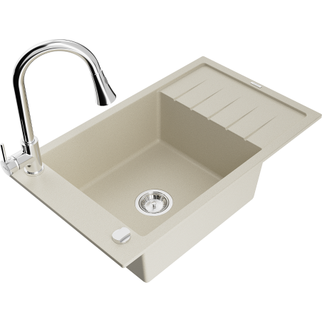 Mexen Elias granitový dřez 1-komorový s odkapávačem a kuchyňskou baterií Elia, béžový - 6511-69-670101-00