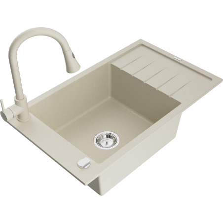 Mexen Elias granitový dřez jednokomorový s odkapávačem a kuchyňskou baterií Elia, béžový - 6511-69-670101-69