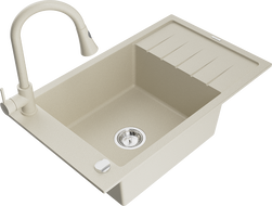Mexen Elias granitový dřez jednokomorový s odkapávačem a kuchyňskou baterií Elia, béžový - 6511-69-670101-69