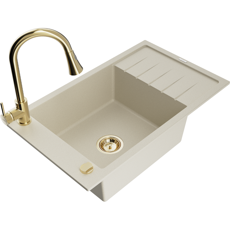Mexen Elias granitový dřez 1-komorový s odkapávačem a kuchyňskou baterií Elia, béžový - 6511-69-670101-50