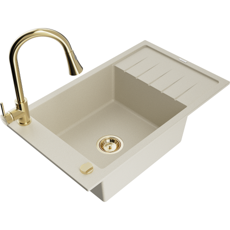 Mexen Elias granitový dřez 1-komorový s odkapávačem a kuchyňskou baterií Elia, béžový - 6511-69-670101-50