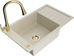 Mexen Elias granitový dřez 1-komorový s odkapávačem a kuchyňskou baterií Elia, béžový - 6511-69-670101-50