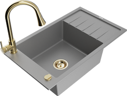 Mexen Elias granitový dřez 1-komorový s odkapávačem a kuchyňskou baterií Elia, šedý - 6511-71-670101-50