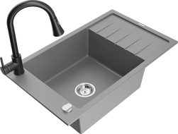 Mexen Elias kuchyňský dřez 1-komorový s odkapávačem a kuchyňskou baterií Elia, šedá - 6511-71-670101-70