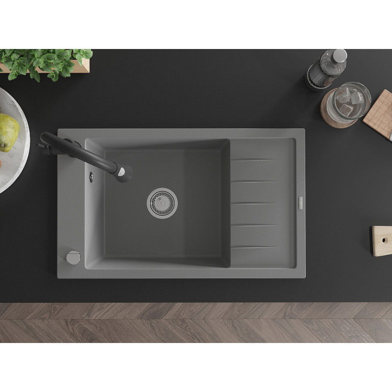 Mexen Elias kuchyňský dřez 1-komorový s odkapávačem a kuchyňskou baterií Elia, šedá - 6511-71-670101-70