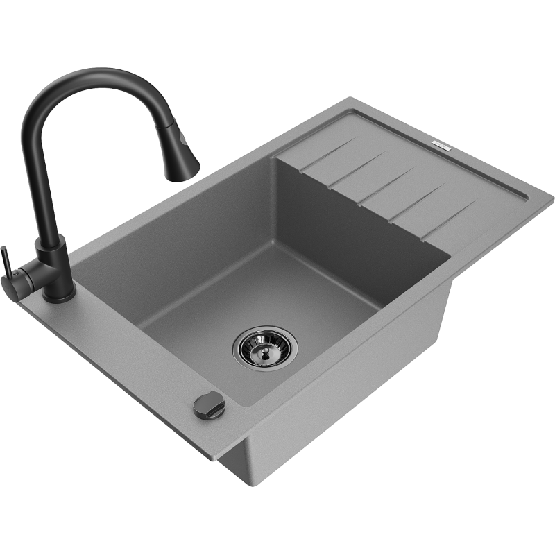 Mexen Elias granitový dřez 1-komorový s odkapávačem a kuchyňskou baterií Elia, šedý - 6511-71-670101-70-B