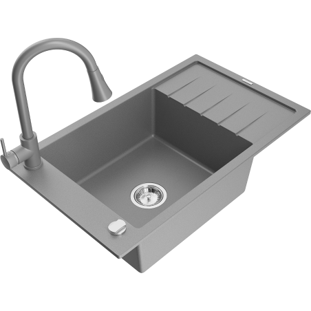 Mexen Elias granitový dřez 1-komorový s odkapávačem a kuchyňskou baterií Elia, šedý - 6511-71-670101-71