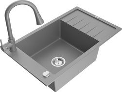 Mexen Elias granitový dřez 1-komorový s odkapávačem a kuchyňskou baterií Elia, šedý - 6511-71-670101-71
