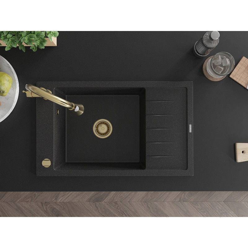Mexen Elias granitový dřez s 1 komorou a odkapávačem a kuchyňskou baterií Elia, černý/stříbrný metalik - 6511-73-670101-50