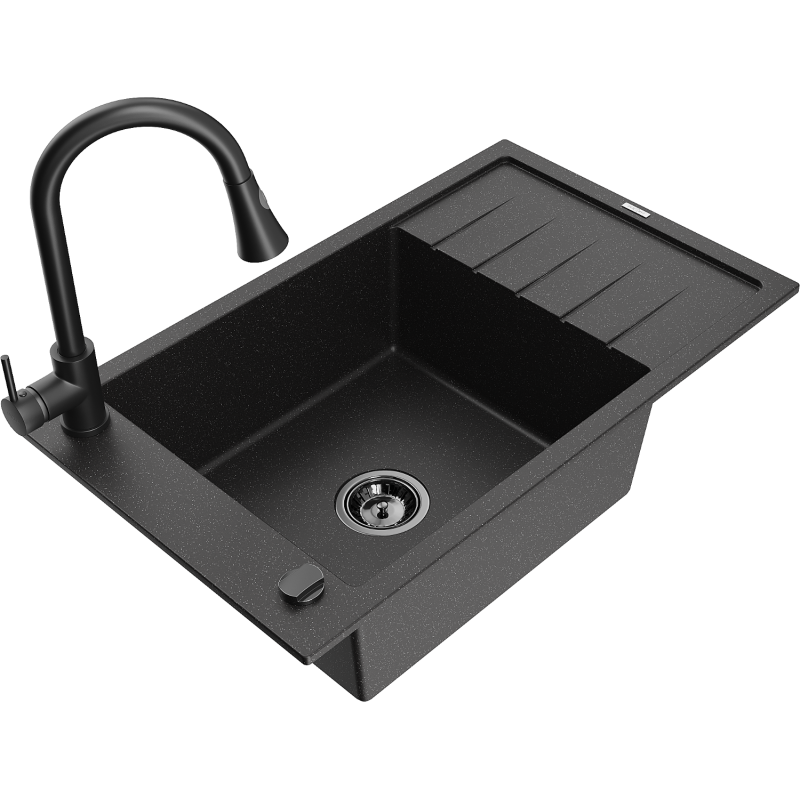 Mexen Elias granitový dřez 1-komorový s odkapávačem a kuchyňskou baterií Elia, černý/stříbrný metalik - 6511-73-670101-70-B