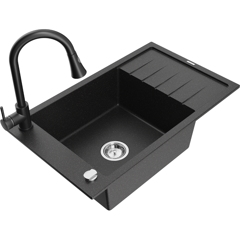 Mexen Elias granitový dřez s 1 komorou, odkapávačem a kuchyňskou baterií Elia, černý/stříbrný metalik - 6511-73-670101-70