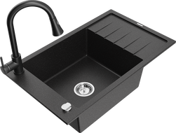 Mexen Elias granitový dřez s 1 komorou, odkapávačem a kuchyňskou baterií Elia, černý/stříbrný metalik - 6511-73-670101-70