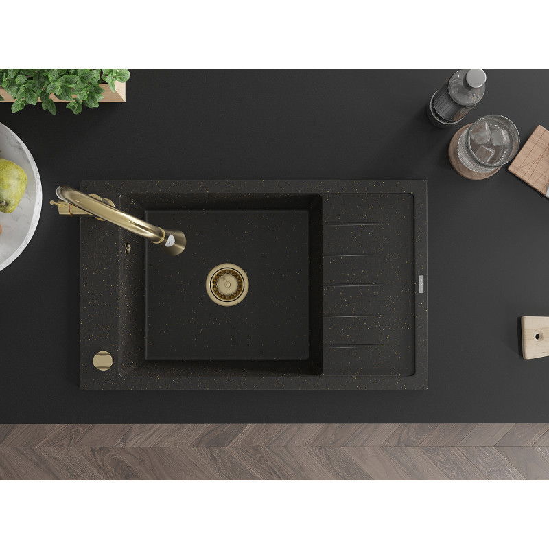 Mexen Elias granitový dřez 1-komorový s odkapávačem a kuchyňskou baterií Elia, černý/zlatý metalík - 6511-75-670101-50