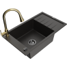 Mexen Elias granitový dřez s jednou komorou, odkapávačem a kuchyňskou baterií Elia, černý/zlatý metalik - 6511-75-670101-50-B