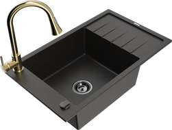Mexen Elias granitový dřez s jednou komorou, odkapávačem a kuchyňskou baterií Elia, černý/zlatý metalik - 6511-75-670101-50-B