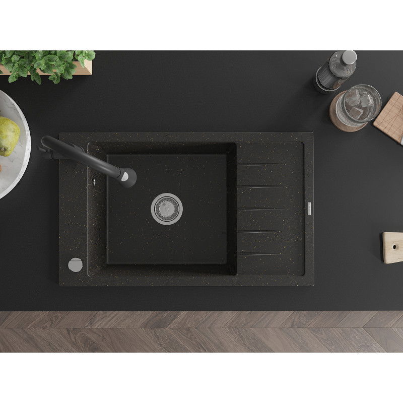Mexen Elias granitový dřez 1-komorový s odkapávačem a kuchyňskou baterií Elia, černý/zlatý metalik - 6511-75-670101-70