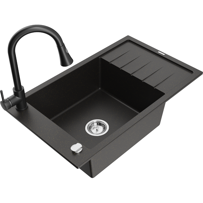 Mexen Elias granitový dřez 1-komorový s odkapávačem a kuchyňskou baterií Elia, černý/zlatý metalik - 6511-75-670101-70