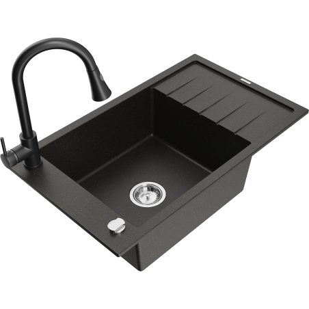 Mexen Elias granitový dřez 1-komorový s odkapávačem a kuchyňskou baterií Elia, černý/zlatý metalik - 6511-75-670101-70