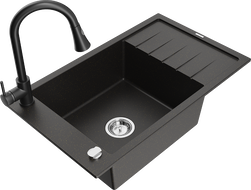 Mexen Elias granitový dřez 1-komorový s odkapávačem a kuchyňskou baterií Elia, černý/zlatý metalik - 6511-75-670101-70